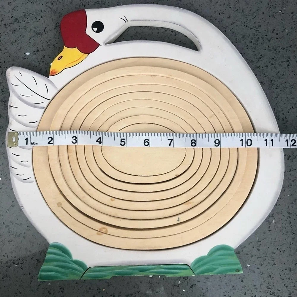 Vintage Collapsible Wood Goose Fruit Basket Spiral Folding Trivet Kitchen Decor